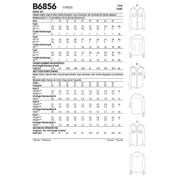 Butterick Sewing Pattern 6856 / 11130 Top Shirt Blouse Size 8-16 UNCUT - Picture 2 of 13